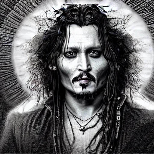 Prompt: photorealistic johnny depp as god in the style of michael whelan and gustave dore. hyperdetailed photorealism, 1 0 8 megapixels, amazing depth, glowing rich colors, powerful imagery, psychedelic overtones, 3 d finalrender, 3 d shading, cinematic lighting, artstation concept art