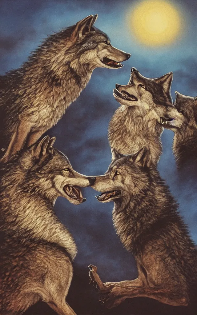 Image similar to two wolves kissing together, airbrush fantasy 80s paleoart, masterpiece album cover with black gradient on edges