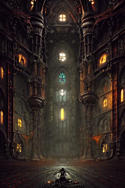 Image similar to steam necropolis, memento mori, gothic, neo - gothic, art nouveau, hyperdetailed copper patina medieval icon, stefan morrell, philippe druillet, ralph mcquarrie, concept art, steampunk, unreal engine, detailed intricate environment, octane render, moody atmospherics, volumetric lighting, ultrasharp, ominous, otherworldly