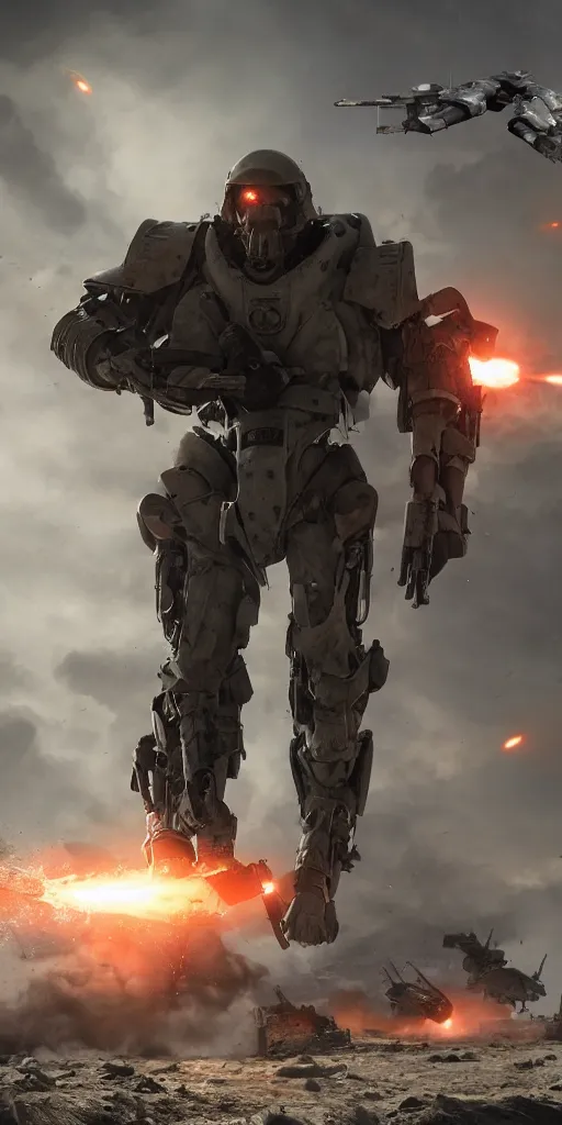 Image similar to concept art, world war iii, battlefield scene, ultra - wide angle, uav, exoskeleton power armor, launch kinetic energy weapon, launch tracking missile, armor piercing missile, drag light bullet, backlight, future technology, smooth lines, high detail, 8 k, octane rendering, unreal engine.