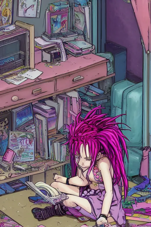 Image similar to concept art painting of a chibi anime cybergoth girl with pink dreads on the floor reading a book in a cluttered 9 0 s bedroom, artgerm, moebius, inio asano, toon shading, cel shading, calm, tranquil, vaporwave colors,