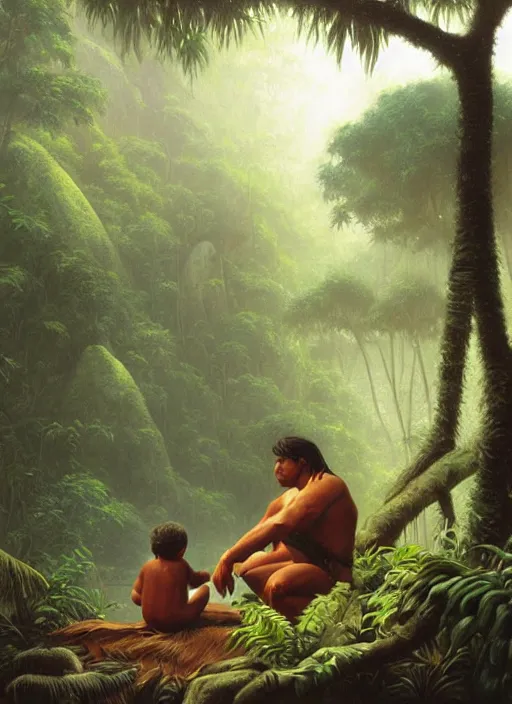 Prompt: a beautiful painting of an amazonian indigenous man sitting with his grandson, telling stories in the jungle, matte painting, art by christophe vacher