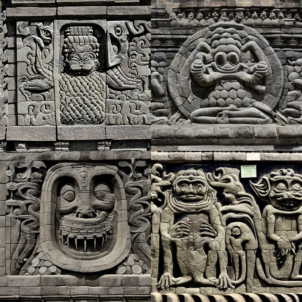 Prompt: bas - relief about cthulhu on borobudur wall