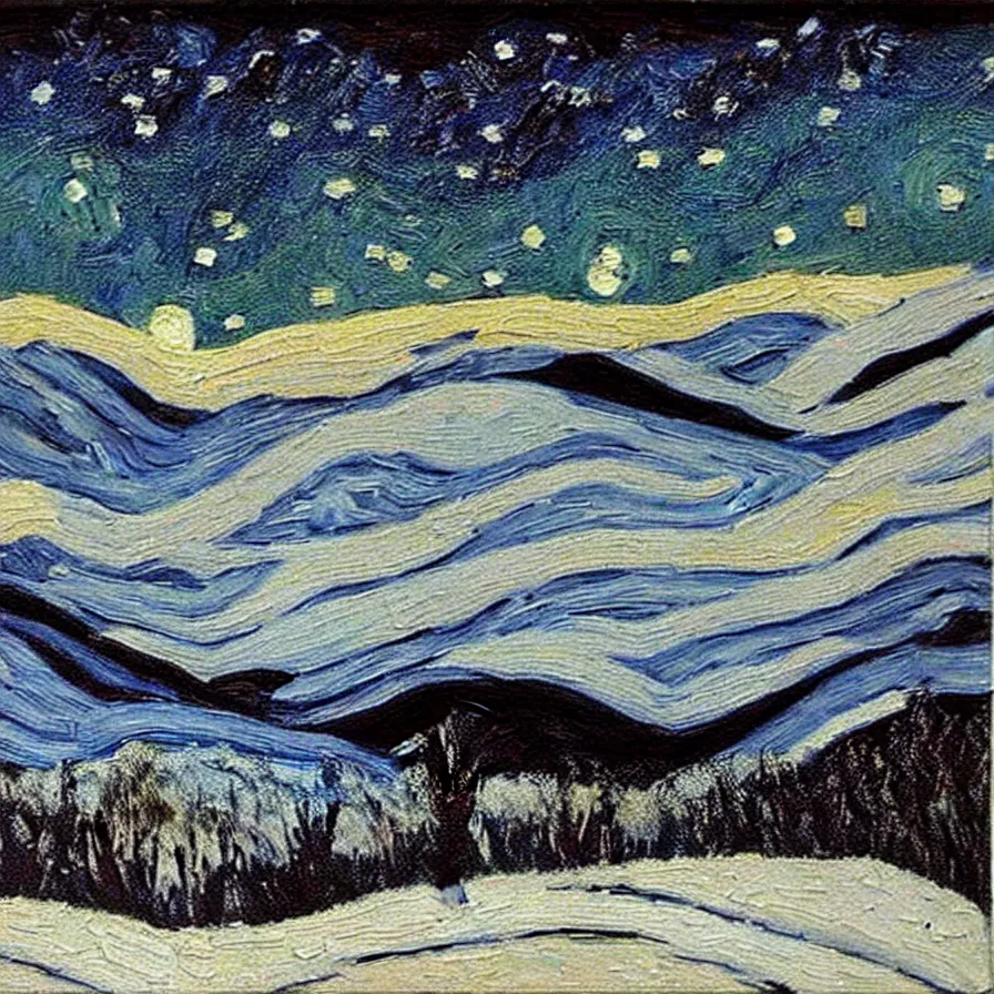 Image similar to thick impasto textured oil black and white painting of the laurentian appalachian mountains in winter by vincent van gogh, unique, original and creative landscape, snowy night, distant town lights, aurora borealis, deers and ravens, footsteps in the snow, brilliant composition