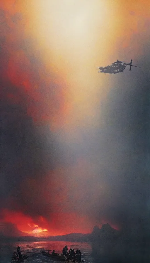 Image similar to harvey weinstein's face close up on the apocalypse now poster, red sunset, snake river in the jungle, black helicopters, air brush, oil paint, radiant light, caustics, heroic, bright iridescent light, by gaston bussiere, by bayard wu, by greg rutkowski, by maxim verehin