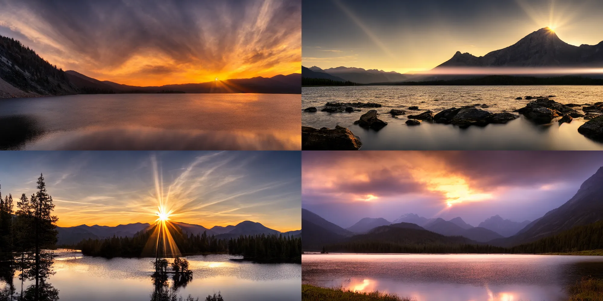 Image similar to mountain sunset over water, reflections, crepuscular rays, long exposure