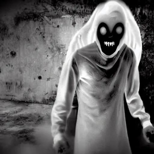 Prompt: terrifying ghost demon, found footage, brutal violence, creepypasta, slasher smile, black dahlia