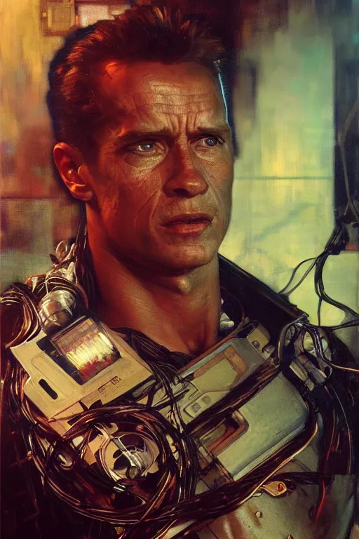 Prompt: hyperrealist portrait of the terminator, it is decorated with wires and monitors in the background. by jeremy mann and alphonse mucha, fantasy art, photo realistic, dynamic lighting, artstation, poster, volumetric lighting, very detailed faces, 4 k, award winning