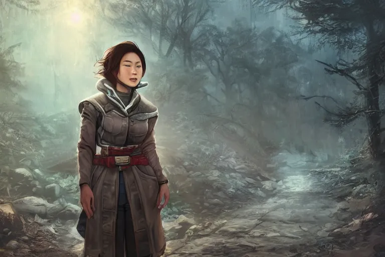 Prompt: fallout 5, charismatic beautiful rugged asian female protagonist, portrait, outdoors in forest, tori gate and shinto shrine in the background, atmospheric lighting, painted, intricate, volumetric lighting, daytime, winter, clear weather, sharp focus, ultra detailed, art by william turner