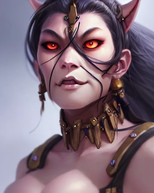 Prompt: close - up character concept art of a beautiful anime orc woman | | cute - fine - face, pretty face, realistic shaded perfect face, fine details by stanley artgerm lau, wlop, rossdraws, james jean, andrei riabovitchev, marc simonetti, and sakimichan, tranding on artstation