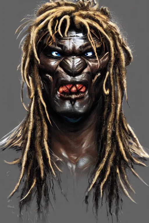 Image similar to predator 1 9 8 7 face redesign, portrait, highly detailed, dreadlocks, mandables, digital painting, trending on artstation, concept art, illustration