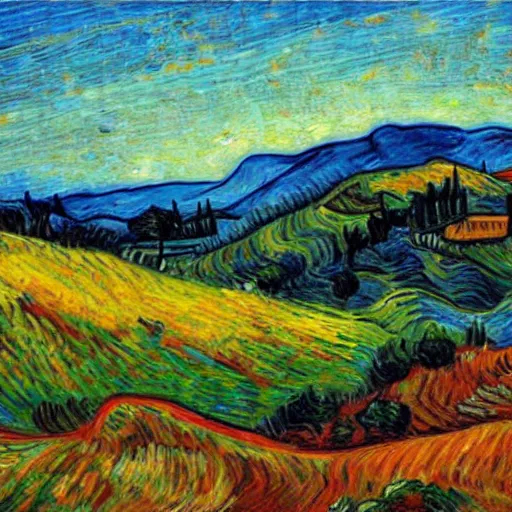 Prompt: tuscany hills during sunset, oil painting in style of van gogh