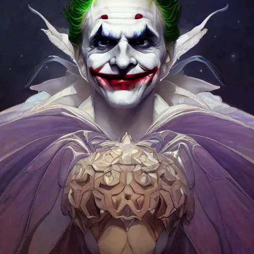 Image similar to portrait of the joker as a delicate fragile celestial queen, batman, forest, godlike, upper body, fantasy, intricate, elegant, highly detailed, digital painting, artstation, concept art, sharp focus, illustration, art by artgerm and greg rutkowski and alphonse mucha