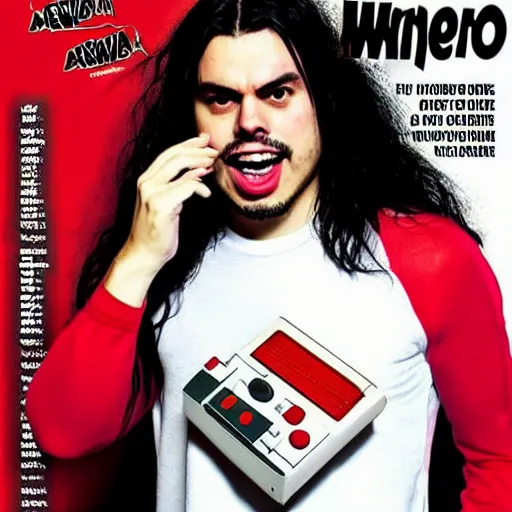 Prompt: Andrew WK showing off the new Mario game on the cover of Nintendo Power