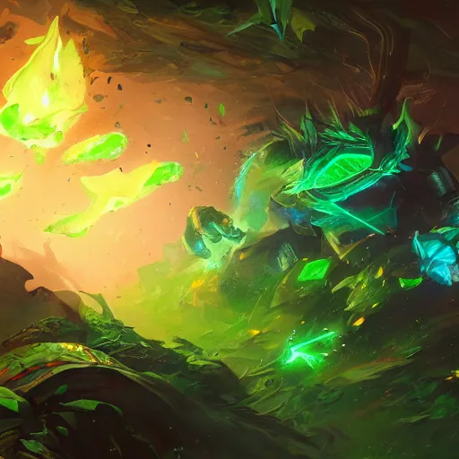 Prompt: arcane style green leaves explosion, green leaves, bright art masterpiece artstation. 8k, sharp high quality artwork in style of Jose Daniel Cabrera Pena and Greg Rutkowski, concept art by Tooth Wu, blizzard warcraft artwork, hearthstone card game artwork, leaves exploding, leaves explosion