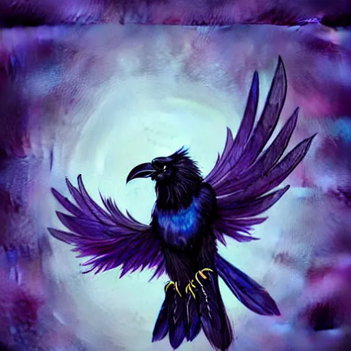 Image similar to Handsome Adorable cute black raven cop, in a spooky forest blue purple green, dnd character, background focus, fantasy, magic, realistic textured, feathers, wings, fun pose, big eyes, clear clean,concept art, cinematic, sharp focus, fantastic lighting, establishing shot, sense of awe, by lya kushinov, Avetetsuya Studios, Alexandra Fomina artstation, by Makoto Shinkai, digital 2D, matte painting