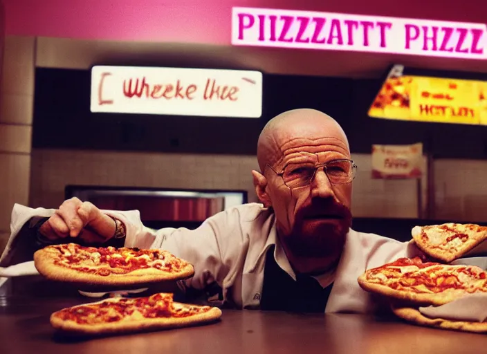 Image similar to portrait of walter white eating pizza at chuck - e - cheese with sloppy cheesy sauce getting slopped up all over the place, dramatic lighting, moody film still from breaking bad ( 2 0 1 1 ), 3 5 mm kodak color stock, 2 4 mm lens, directed by rian johnson, ecktochrome