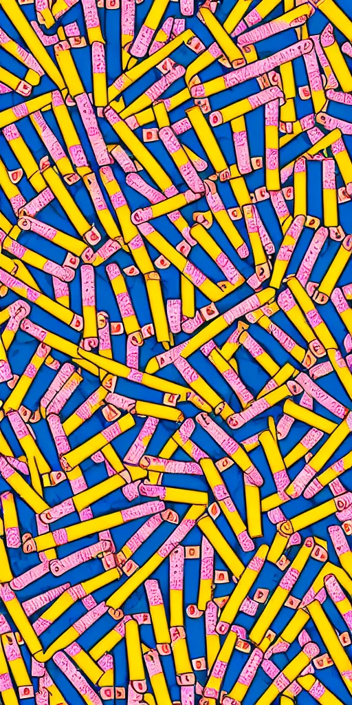 Prompt: seamless pattern of cigarettes, colourful, symmetrical, repeating 35mm photography