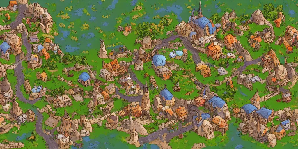 Image similar to a high detailed village vector art presenting an aerial view of a cartoonish rpg village by dungeondraft, dofus, patreon content, containing tables and walls, hd, straight lines, vector, grid, dnd map, map patreon, fantasy maps, foundry vtt, fantasy grounds, aerial view, dungeondraft, tabletop, inkarnate, dugeondraft, roll 2 0