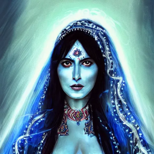 Prompt: India, magic, Beautiful face Portrait of crying young hindu Monica Bellucci, monstrous huge eyes, blue indygo thunder lightning, long wavy black hair, white veil, magic blue fire, closeup, focus face, dramatic lighting, intricate, India, wild, highly detailed, digital painting, artstation, concept art, smooth, sharp focus, illustration, art by artgerm and greg rutkowski and alphonse mucha, footage from space camera