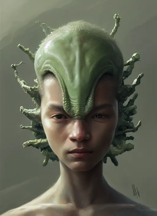 Image similar to a portrait of an alien sage child with an enormously large head, an ancient pale sage child from a different realm, highly detailed, digital painting, artstation, concept art, intricate, elegant, smooth, sharp focus, art by wlop, mars ravelo and greg rutkowski and craig mullins