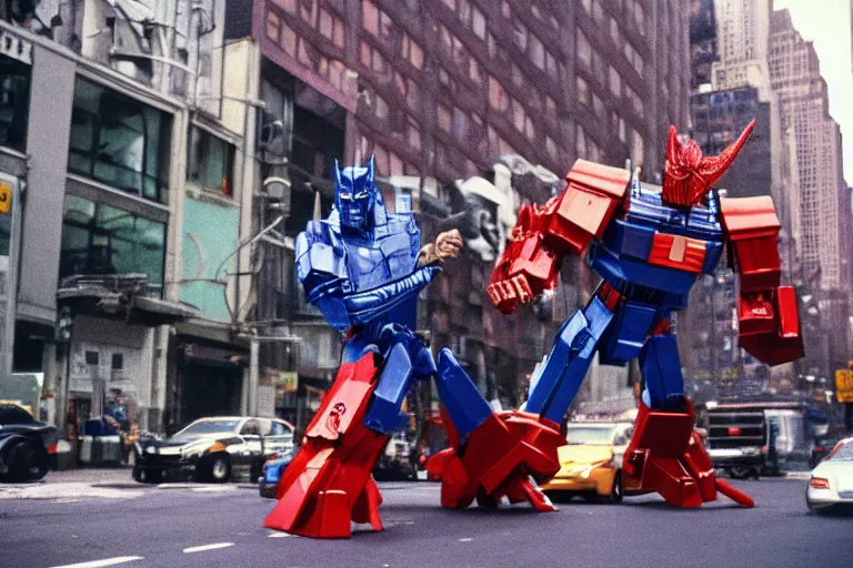 Image similar to optimus prime fighting godzilla in new york city, cinestill,