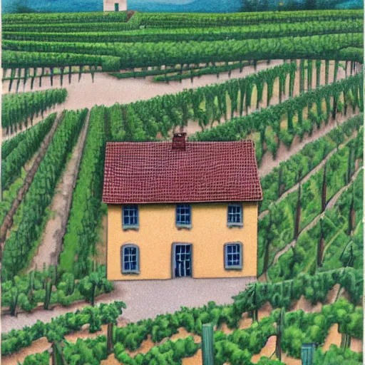 Prompt: Hyperrealism traditional austian house in a vineyard painting by MC Escher