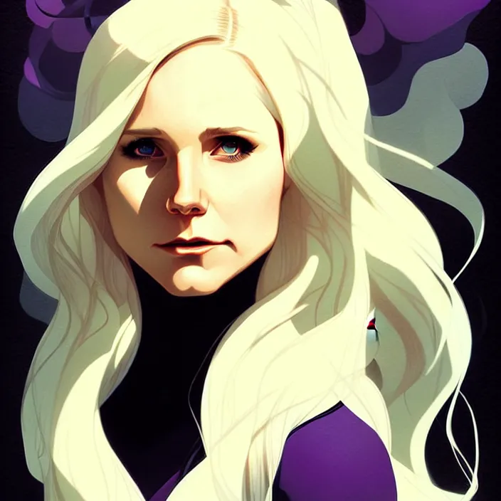 Image similar to style artgerm, joshua middleton, phil noto, beautiful kristen bell with black dress, very long white hair, symmetrical face, symmetrical eyes, purple fire powers fire swirling, detailed, forest setting, cinematic lighting