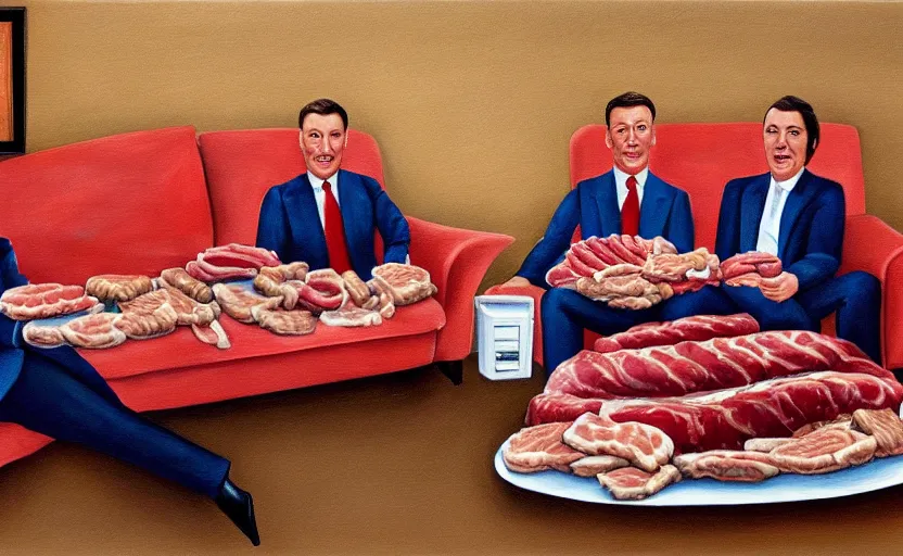 Prompt: realistic painting of couch made out of meat, business men sitting on couch made out of meat and talking, meat couch, meat couch,