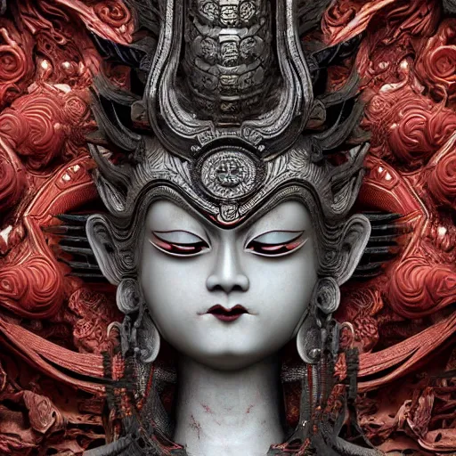 Image similar to naraka buddhist demon korean female, highly detailed, symmetrical long head, smooth marble surfaces, detailed ink illustration, raiden metal gear, cinematic smooth stone, deep aesthetic, concept art, post process, 4 k, carved marble texture and silk cloth, latex skin, highly ornate intricate details, in the style of 8 8 grzes