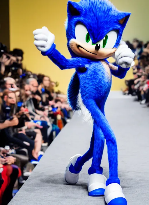 Prompt: hyperrealistic and heavy detailed moncler runway show of sonic the hedgehog, leica sl 2 5 0 mm, vivid color, high quality, high textured, real life