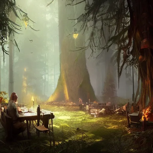 Prompt: A Tame Creature Restaurant in the Lost Woods ,Greg rutkowski, Trending artstation, cinematográfica, digital Art