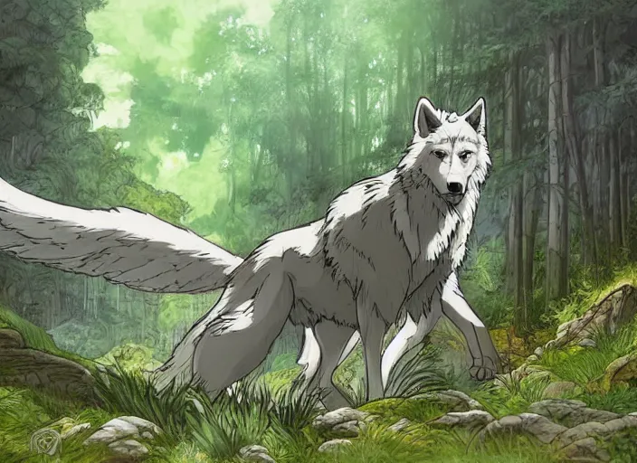 Prompt: a majestic alpha wolf spreading his wing in a mythical forest next to a pathway, dark eyes, by ghibli studio and miyasaki, illustration, great composition....