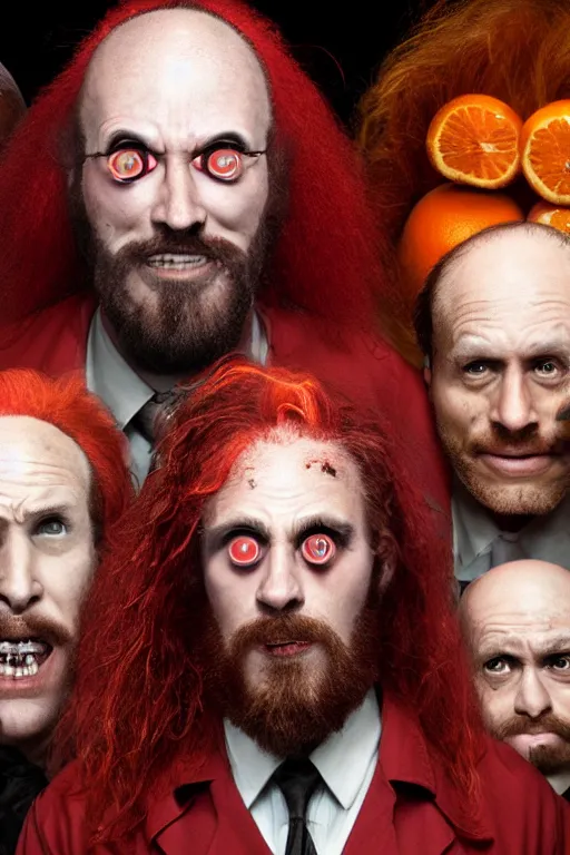 Image similar to a man with 3 eyes, man with a 3rd eye in the middle of his forehead, an awkwardly tall mad scientist with a 3rd eye a tangled orange beard balding head and unruly red hair wearing a labcoat, high resolution film still, movie by Robert Zemeckis and Ivan Reitman, 3rd eye in the middle of his forehead