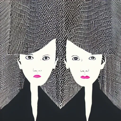 Prompt: The installation art is an abstract portrait of a woman. The woman's face is divided into two halves, one half is black and the other is white. The woman's eyes are large and staring. The installation art is full of energy and movement. by Matt Bors, by Tatsuro Kiuchi realistic