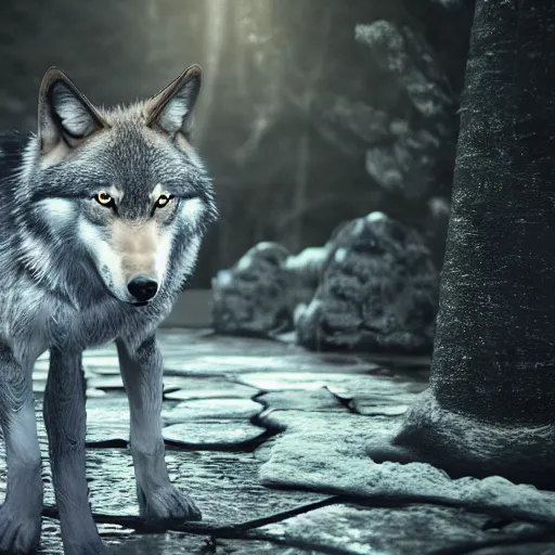 Image similar to 3 d render of a wolf as a gentleman wearing tuxedo in magical forest, smooth render, unreal engine 5, wet reflections, studio lighting, cinematic perspective, full hd