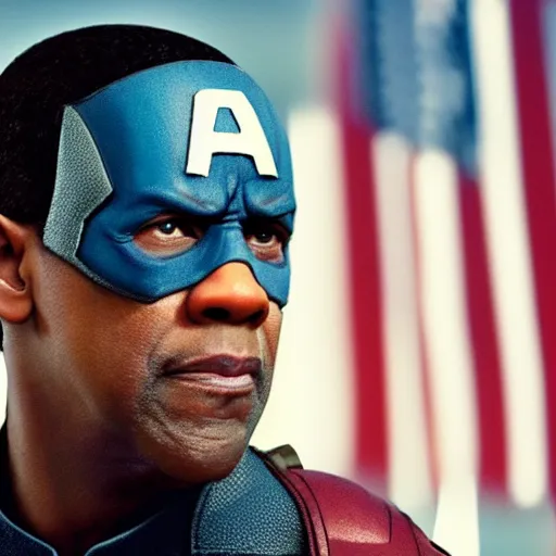 Prompt: film still of Denzel Washington as Captain America in new Captain America film, 8k photorealistic