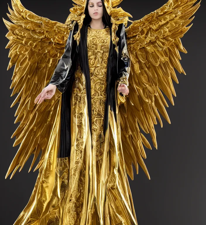 Prompt: full length picture angel wearing black robe with gold wings in an elaborate cathedral, sharp focus, DOF, unreal engine, 8k, ultra detailed, photorealistic + sigma 105mm f2.8 macro