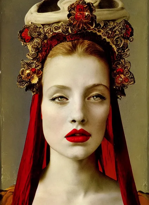 Image similar to portrait of young woman in renaissance dress and renaissance headdress, art by richard avedon