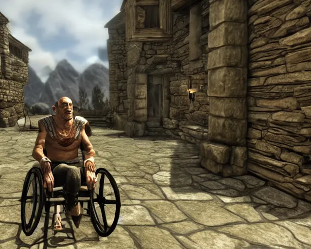 Image similar to hector salamanca on a wheelchair in skyrim, videogame screenshot, skyrim graphics