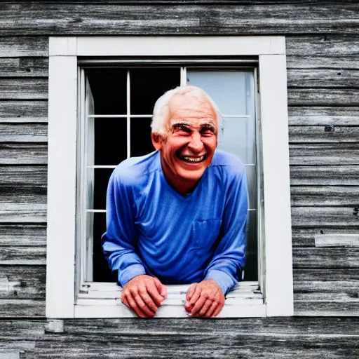 Prompt: a smiling old man climbing through a window