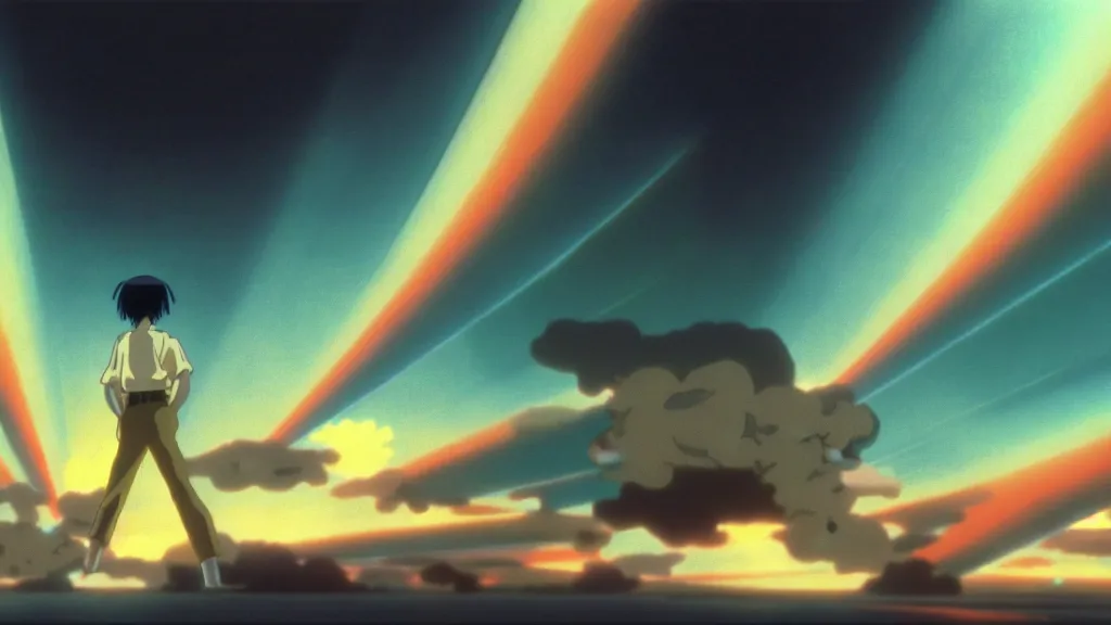 Prompt: volumetric iridescent light, anime film still from the an anime directed by katsuhiro otomo with art direction by salvador dali, wide lens