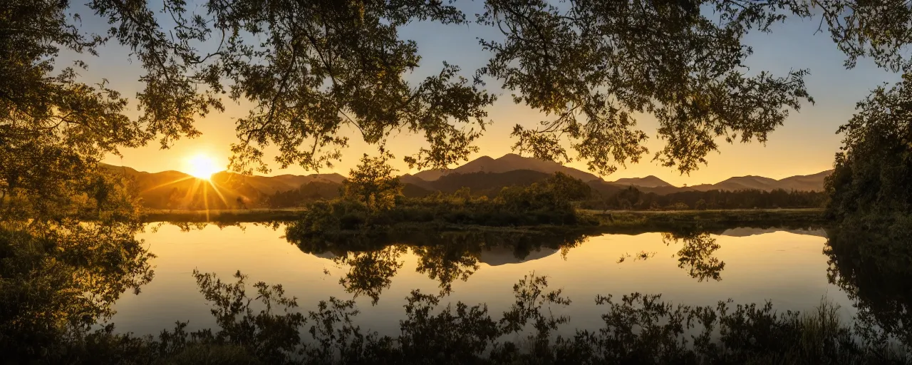 Image similar to big realistic tree near to a river on sunset with reflection on the leaves and mountains in the background, landscape, extremely high fidelity, 8 k, super resolution