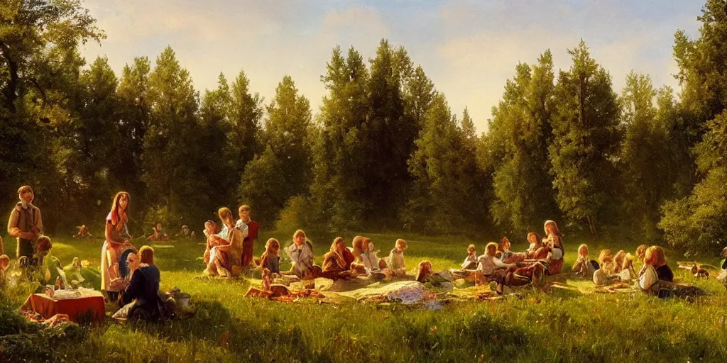 Prompt: Family Picnic, The brilliant dawn on the meadow, Ivan Shishkin, Artstation, Epic, Stylized,