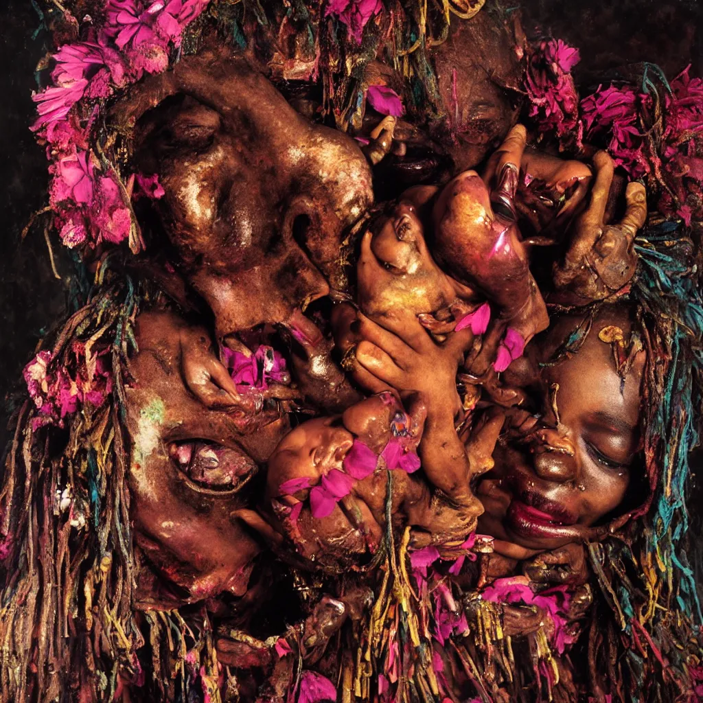 Prompt: award winning emotional heartbreaking photo of african voodoo woman eating her baby and puking blood, draped in shiny oil, human sacrifice, frantic smile, rotten flesh, flowers, evil cult, mysticism, vivid colors, weird and disturbing, symmetrical face, neon lights, studio lighting, wide shot art by sally mann & arnold newman