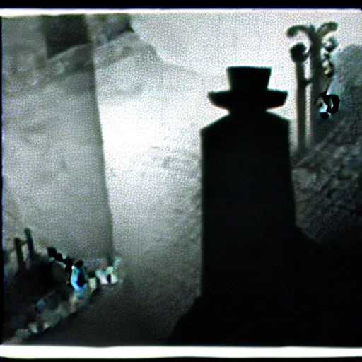 Image similar to cctv security cam grainy black and white footage of baron samedi in an spooky graveyard. baron samedi is wreathed in mist and shadow and is looking at the camera.