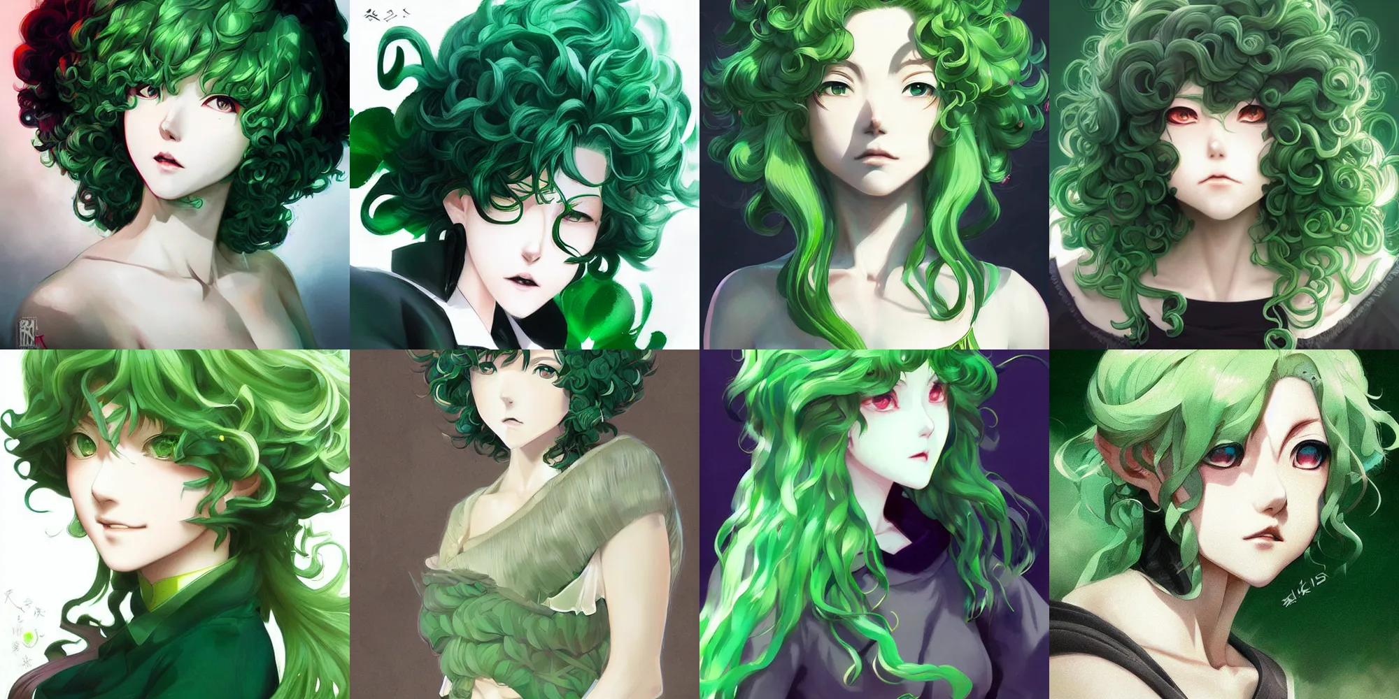 Prompt: detailed portrait art of tatsumaki with green curly hair, art by ross tran ilya kuvshinov krenz cushart, very detailed, intricate, digital anime art, sharp focus