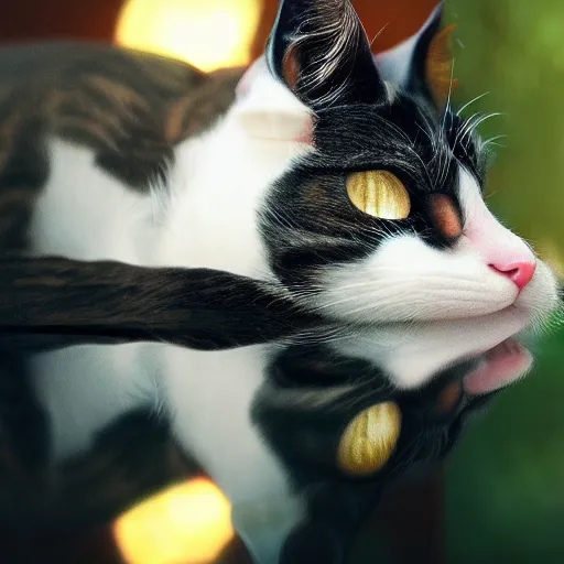 Prompt: calico cat, award winning, cgsociety. reflection, ultra wide shot, photography, award winning photography, cinematic