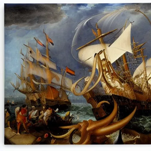 Image similar to A giant squid destroying a cruise ship in the middle of the ocean, by Jan Steen