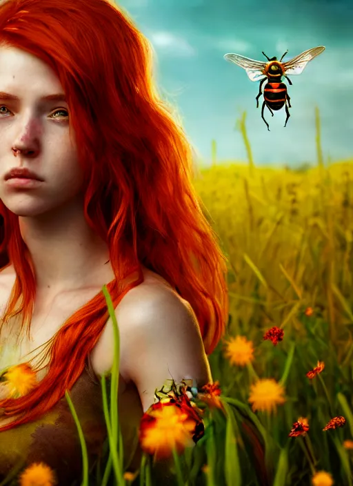 Prompt: An epic fantasy comic book style portrait painting of a young red headed girl with a small golden bee tattoo on her shoulder in a field of flowers , unreal 5, DAZ, hyperrealistic, octane render, cosplay, RPG portrait, dynamic lighting